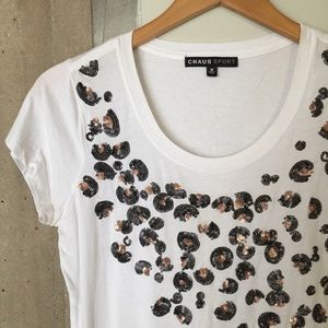 🔚🔜 White Tee with Sequin Cheetah Print